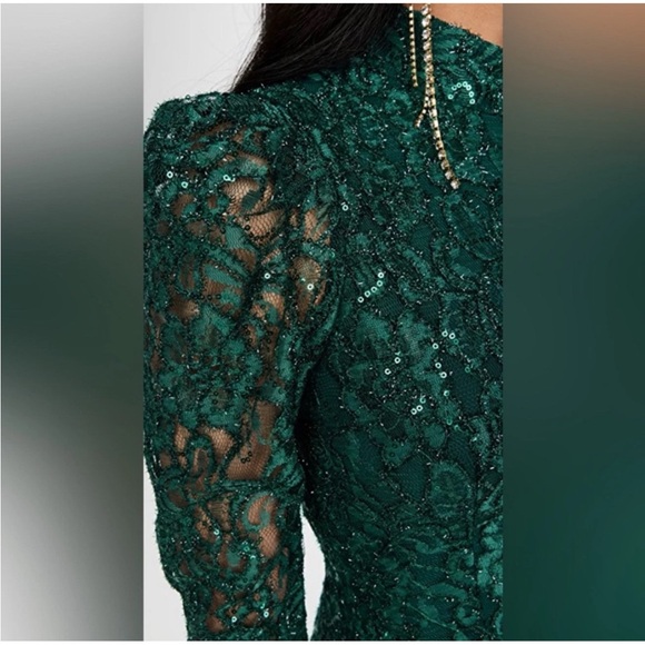 BLACK HALO Green Santorini Lace Sequin Long Sleeve Mini Dress 4